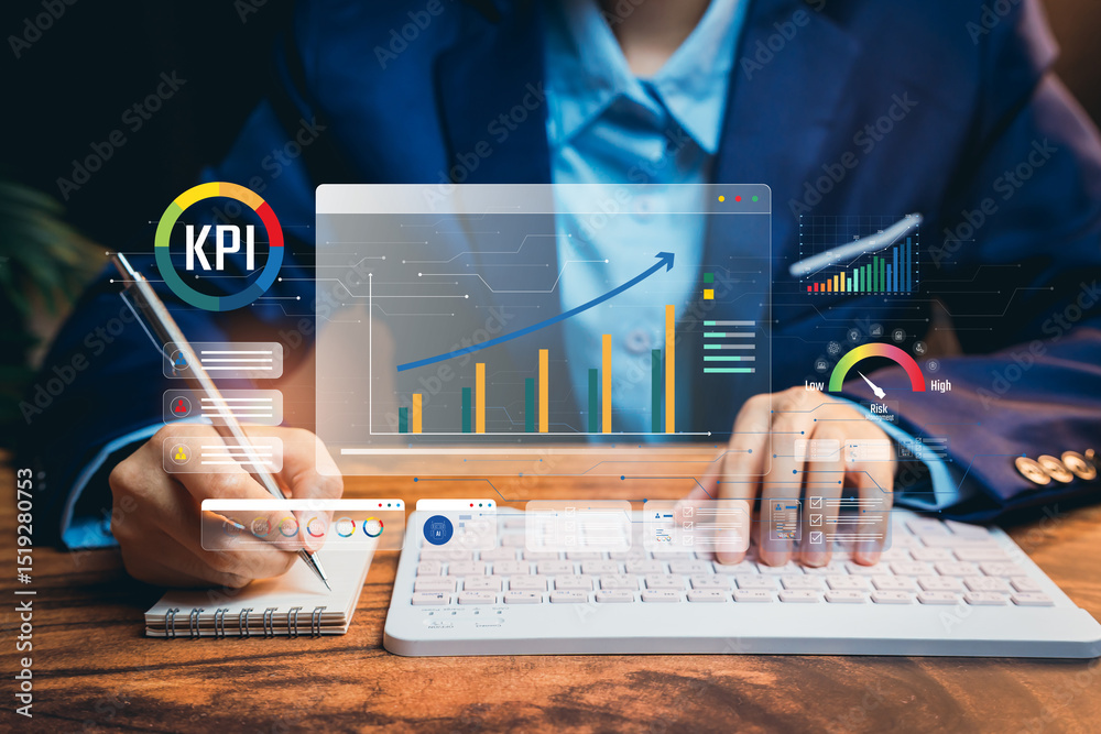 Poster data analyzing concept. business professional analyzing key performance indicators with graphs and d
