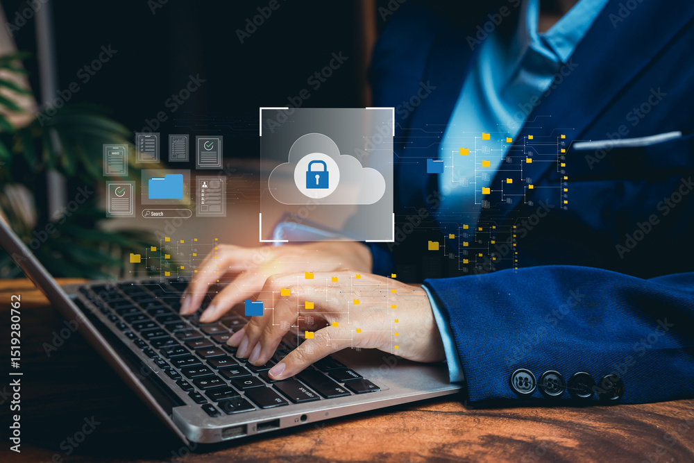 Poster cloud server concept. business professional using laptop with cloud security visuals and digital dat