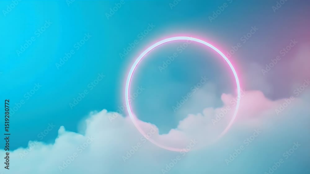 Aufkleber パステルカラーの空に浮かぶ雲の中のピンクのネオンリングの抽象的な背景