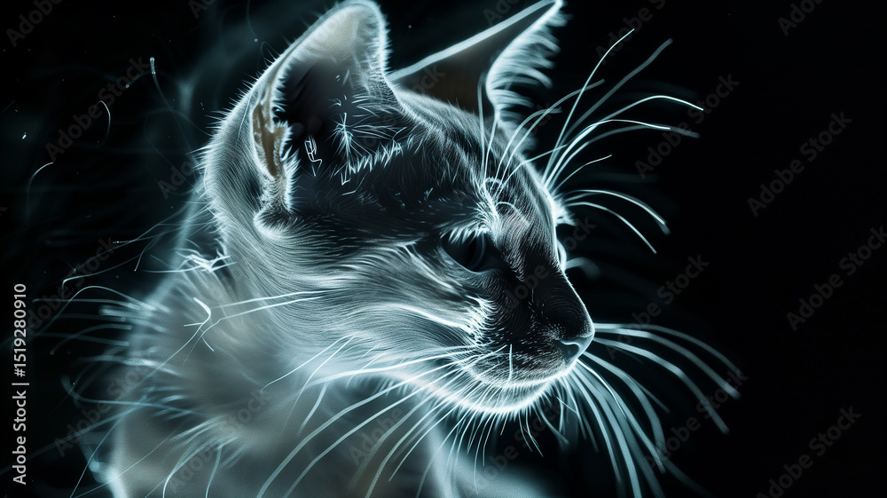 Poster this glowing hologram of a cat floats silently in a dark environment, showcasing digital realism.