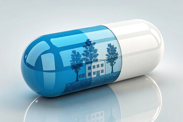 Futuristic Blue Capsule with House and Trees Inside Symbolizing Health and Nature
