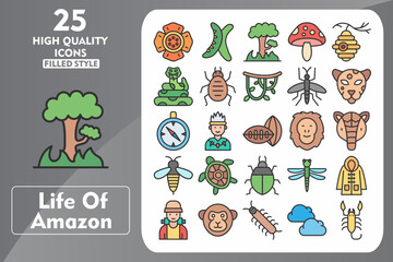 Life of Amazon Line Filled Icon Set. Incleded Icons Raflessia, Guaba, Fire, Mushroom, Beehive, Anaconda, Mite, Vine, Mosquito, Jaguar, Compass. Vector Icons Collection