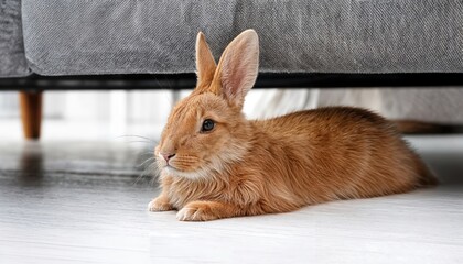 Adorable Red Bunny Lounging on a White Floor Near a Grey Sofa in a Cozy Living Space, Captured in Stunning HighResolution Detail.