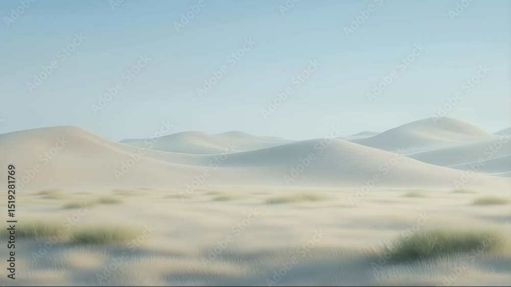 Poster 穏やかな日の砂漠の丘 穏やかな空の下、白い砂、背の低い緑の草と丘のある静かな場所、視覚的な風景の美しさを捉え、アドビストック写真向けに最適化