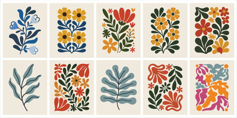 Trendy Vintage Botanical Wall Art Prints featuring Abstract Flowers, Organic Leaves, and Modern Shapes, Perfect for Contemporary Home Decor and Aesthetic Living Spaces.