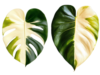 Two Variegated Monstera Leaves, Isolated on Transparent Background, Green and White, Tropical Foliage, Monstera, Variegated, Plant
