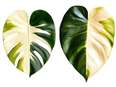 Two Variegated Monstera Leaves, Isolated on Transparent Background, Green and White, Tropical Foliage, Monstera, Variegated, Plant