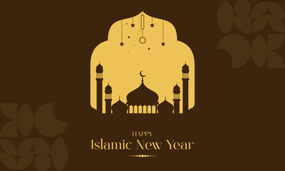 Happy Islamic New Year Background with Mosque Silhouette, Crescent Moon. Perfect for Muharram, Hijri New Year, Islamic holiday Celebrations, Banners, Invitations, Social Media Posts, and more.