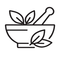 Herbal Medicine Icon – Mortar and Pestle with Leaves Line Art