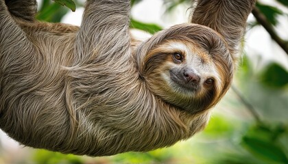 Fototapeta premium Closeup of Threetoed Sloth Hanging from Tree Majestic Rainforest Mood in Shades of Green with Textured Fur and Vivid Eyes, Perfect for Digital Art, Home Decor, or Inspiring Wildlife Designs