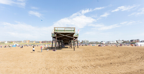 Lytham st annes Lancashire uk 9th September 2023 View from the beach at St. Anne's Pier with the promenade in the background
