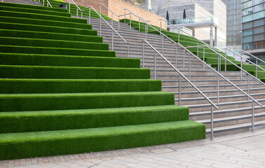 Liverpool, united kingdom January, 16, 2024  Grass covered city steps, liverpool one