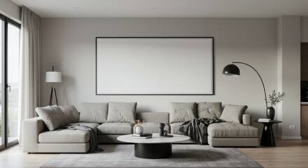 Modern Living Room with Large Blank Frame Over Sofa for Mockup