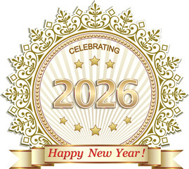 Happy New Year 2026. Greeting card, background, icon for winter holidays design. Number 2026 with stars on snowflake background is decorated with ribbon with congratulations. Vector illustration