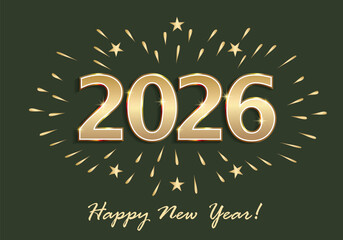 Happy New Year 2026.  Abstract background with golden numbers and fireworks for banners, greeting card, icon, typography, web. Vector illustration