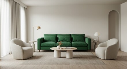 Modern Living Room Wall Mockup with Green Sofa and Neutral Palette