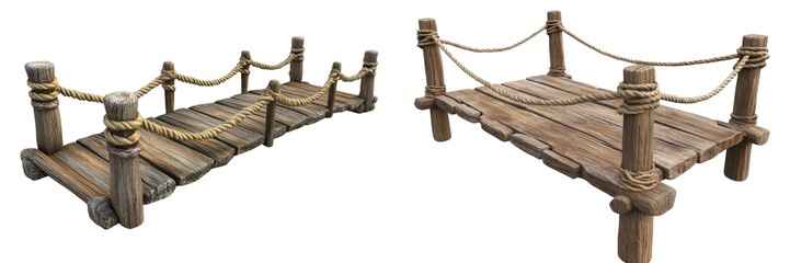 Wooden Rope Bridge 3D Model, Two Views, Isolated on Transparent Background, Game Asset, Dock, game asset, 3d model, bridge