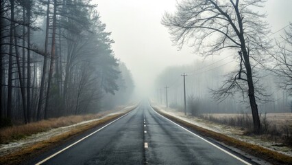 Fototapeta premium A foggy road stretches into the distance, framed by trees in a serene, misty landscape.