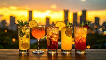 Refreshing collection of colorful cocktails displayed at sunset with a vibrant city skyline in the background