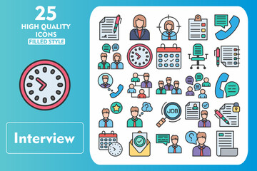 Interview Line Filled Icon Set. Incleded Icons Contract, Manager, Headhunting, Clipboard, Phone Call, Conversation, Time, Calendar. Vector Icons Collection