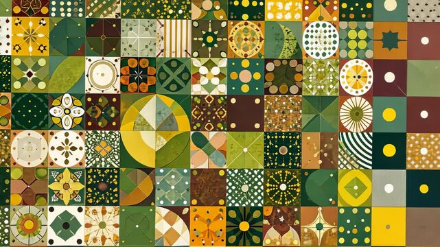 Geometric patchwork of squares with circles and floral motifs