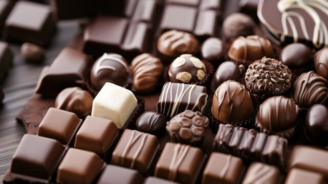 Indulgent array of gourmet chocolates gliding in tempting motion
