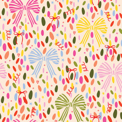 Seamless vector pattern with confetti, flower, bow, and party elements. Pastel pink colorful cute girly festive background.