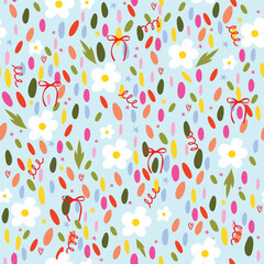 Seamless vector pattern with confetti, flower, bow, and party elements. Pastel blue cute girly celebration background.