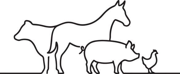continuous one line drawing of farm animals vector art illustration