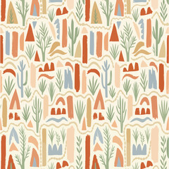 Seamless pattern abstract desert landscape with stylized cacti, mountains & plants. Earthy terracotta, sage green & dusty blue. Modern Southwestern design for textiles & home decor