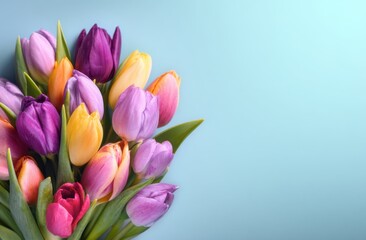 Fototapeta premium Tulip flower bouquet against blue background