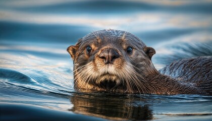 Closeup of a young sea otter Enhydra lutris floating in ocean on the California coast, capturing serene tranquility and playful grace with crystalclear waters