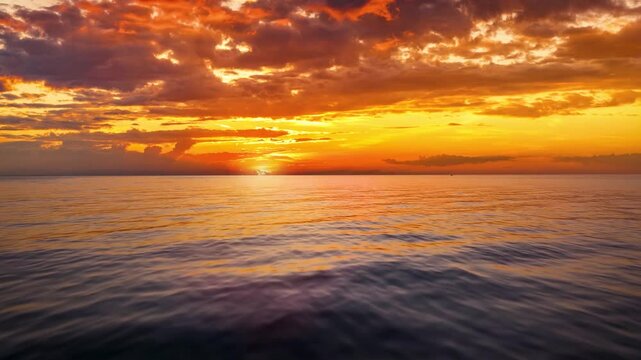 Aerial flight or captains boat POV over the calm ocean into the golden summer sunset with orange and red clouds