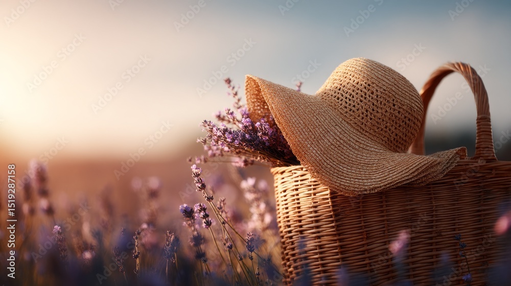 Aufkleber a straw hat adorned with lavender blooms is placed on a wicker basket in a tranquil field, illuminat
