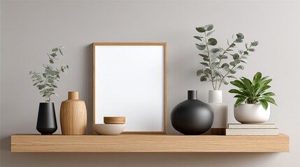 Minimalist oak wood frame mockup in neutral toned living room with clean walls and natural textures, modern Scandinavian interior concept for poster or artwork presentation and product display.
