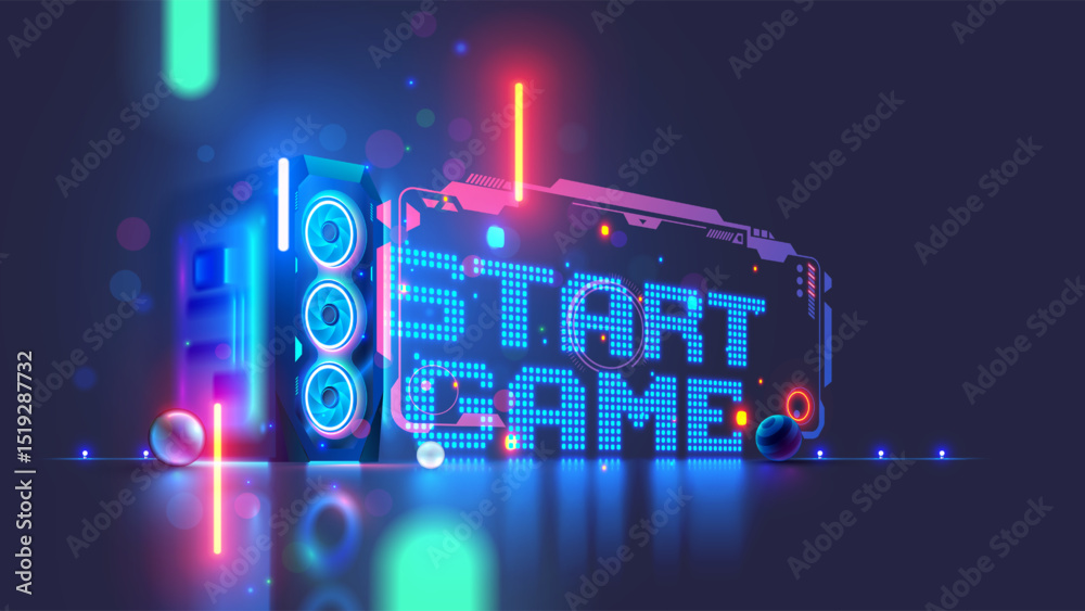 Fototapete Gaming computer on the table with the inscription the start game in cyberspace. Desktop Gaming computer case or PC in neon light. Video game computer upgrade concept. Portal in video games world.