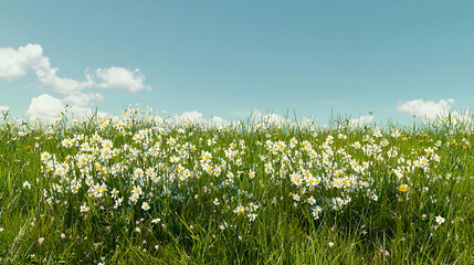 Fototapeta premium Wide Shot Of White Daisy Flowers In A Field Under A Partly Cloudy Sky