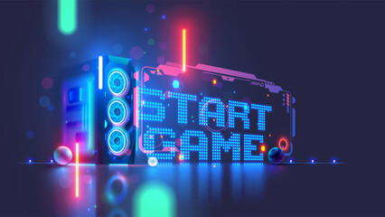 Gaming computer on the table with the inscription the start game in cyberspace. Desktop Gaming computer case or PC in neon light. Video game computer upgrade concept. Portal in video games world.