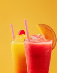 Close-up of vibrant tropical drinks, served in glasses with ice cubes against white background. Perfect for advertising creative posters celebrating summer, freshness, and colorful beverage concepts