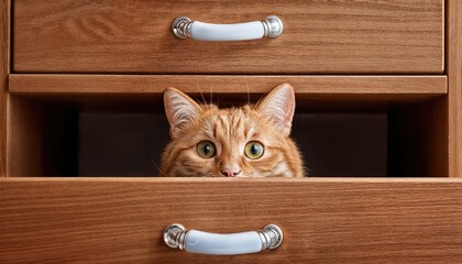 Bigeyed Ginger Cat Hiding in Vintage Dresser Drawer, Peeking Out Curiously with Intense Gazes in a Cozy Closet Corner, Radiating Playful Charm and Serene Atmosphere.