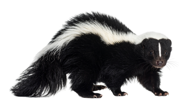 skunk, a cat-sized mammal of the weasel family, with distinctive black-and-white striped fur isolated on transparent background.
