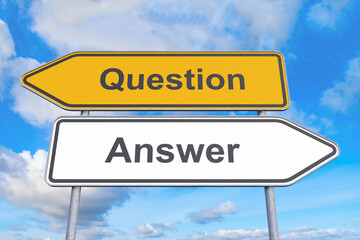 3d rendering of a signpost with the caption question and answer - sky - clouds.