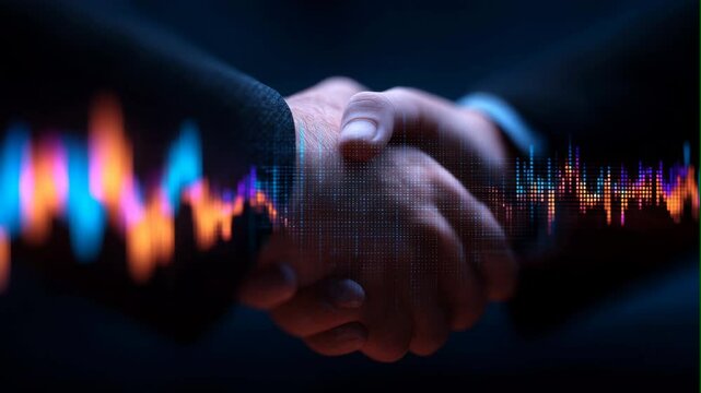 Business handshake with digital financial graph overlay
