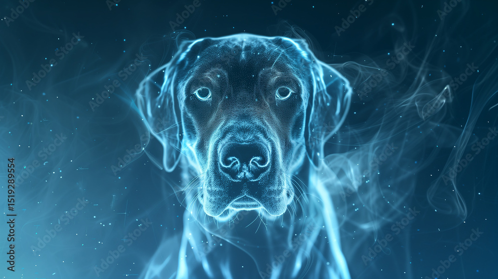 Poster this digital projection of a soft, realistic dog hologram glows softly in a dark, ambient setting.