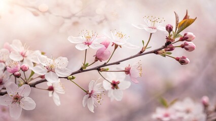 Obraz premium Pink cherry blossoms bloom on branches, a beautiful sight of spring's floral nature