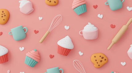 Colorful Baking Supplies and Sweet Treats on Pink Background