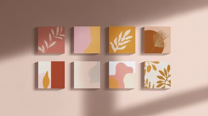 Modern Abstract Art Display with Geometric Shapes and Organic Elements