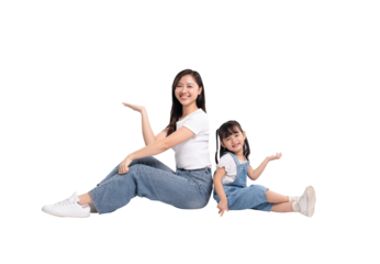 Full body image of Asian mother and daughter posing on PNG background	