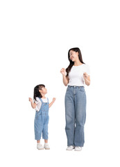 Full body image of Asian mother and daughter posing on PNG background	