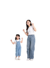 Full body image of Asian mother and daughter posing on PNG background	